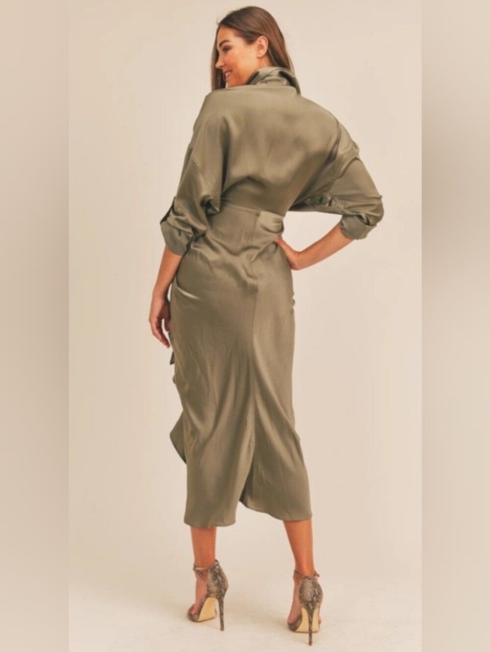Mable Gwen Tencel Button Down Midi/Maxi Draped Dress In Olive Green Size Small - Picture 2 of 15